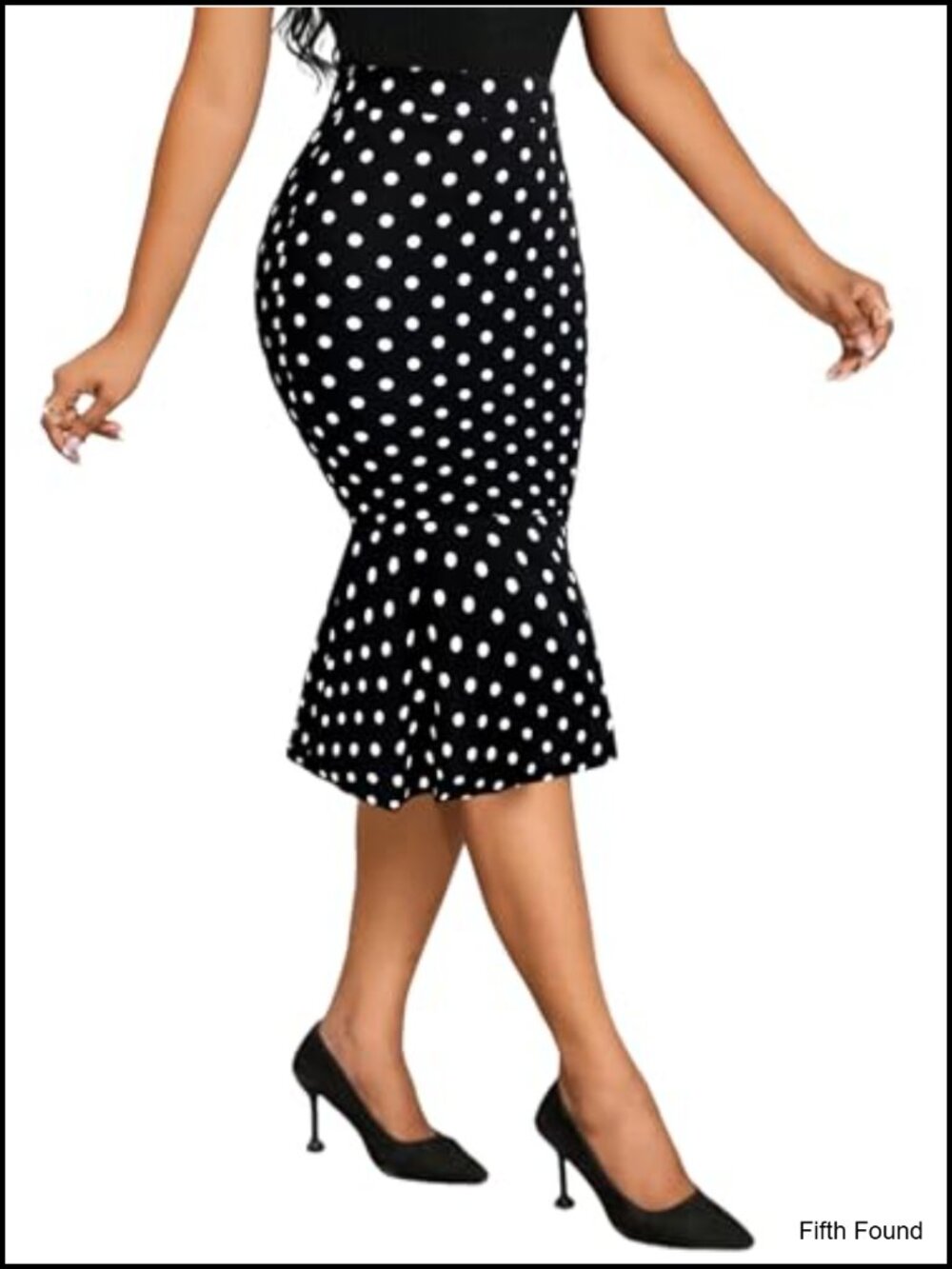 Fishtail Midi Skirt High Waist Polka Dots Bodycon Mermaid Hem Work